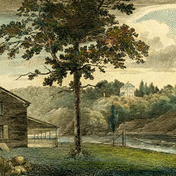 Buildings visible on both sides of narrow body of water in landscape setting. Flat bottomed vessel carrying horse and two figures crosses water