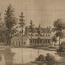 Two buildings stand at water's edge surrounded by trees. A few men gather outside smaller building