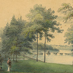 Lanscape view view of river winding along tree-lined banks. Woman stands in foreground