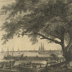 Men work at various tasks at water's edge under large leafy tree. Ships are both sailing and docked. Cityscape visible in background