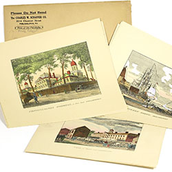 Three sheets of paper each with city view along with envelope for holding sheets