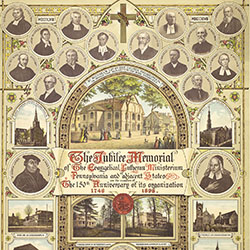 Small vignettes of churches and small bust-length portraits of men surround three larger central vignettes of churches and text