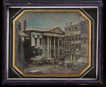 W. & F. Langenheim. North-east corner of Third & Dock Street. Girard Bank, at the time the latter was occupied by the military during the riots May 9, 1844. Oversize half-plate daguerreotype. Philadelphia, 1844. Gift of John A. McAllister. 
