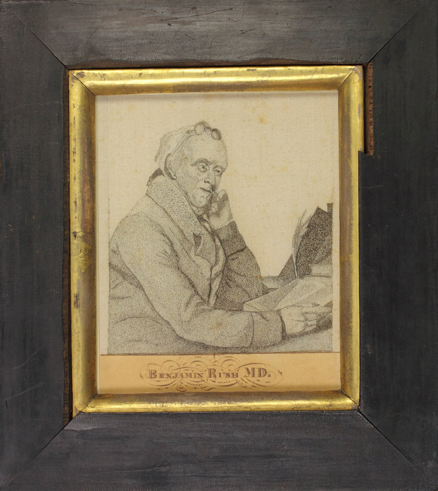 a framed drawing of Benjamin Rush reading a book