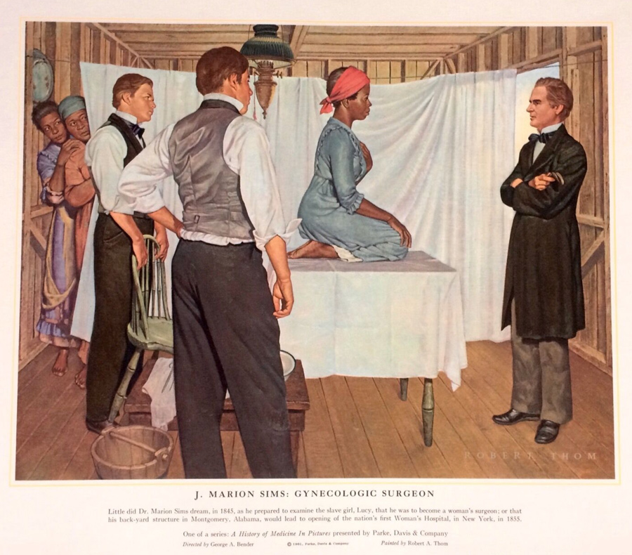 an illustration of a black woman sitting on a table, surrounded by white male doctors