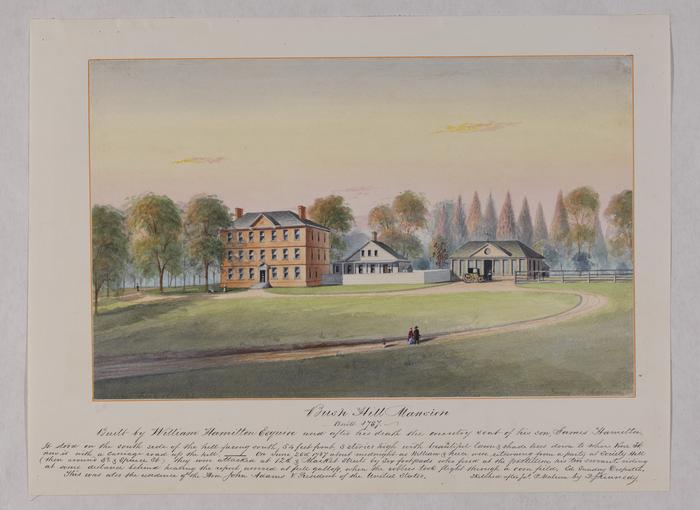 a watercolor painting of a mansion and a big green field