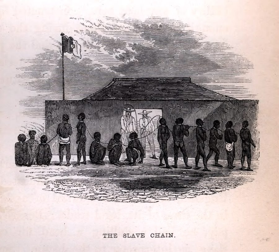 a drawing of two men lashing whips at a line of black men chained together