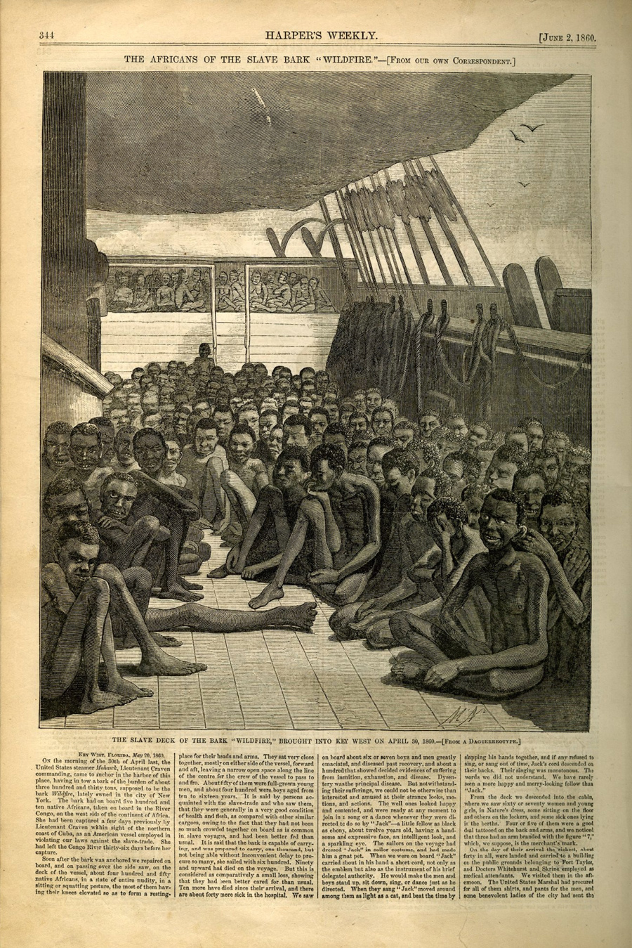 a page from Harper's Weekly newspaper showing a drawing of a group of slaves onboard a ship