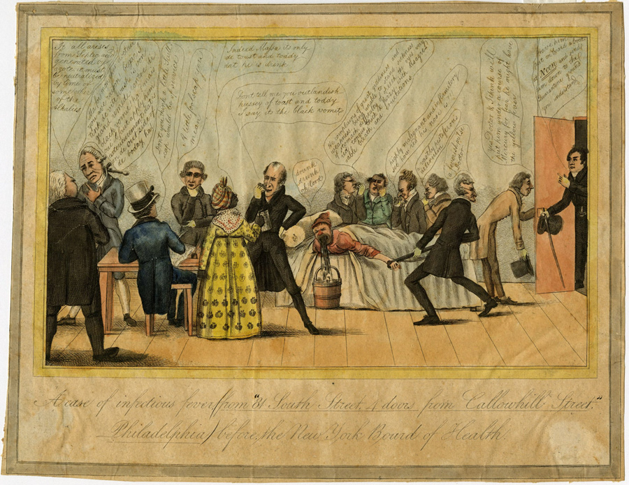 white male doctors and a black servant providing care to the sick