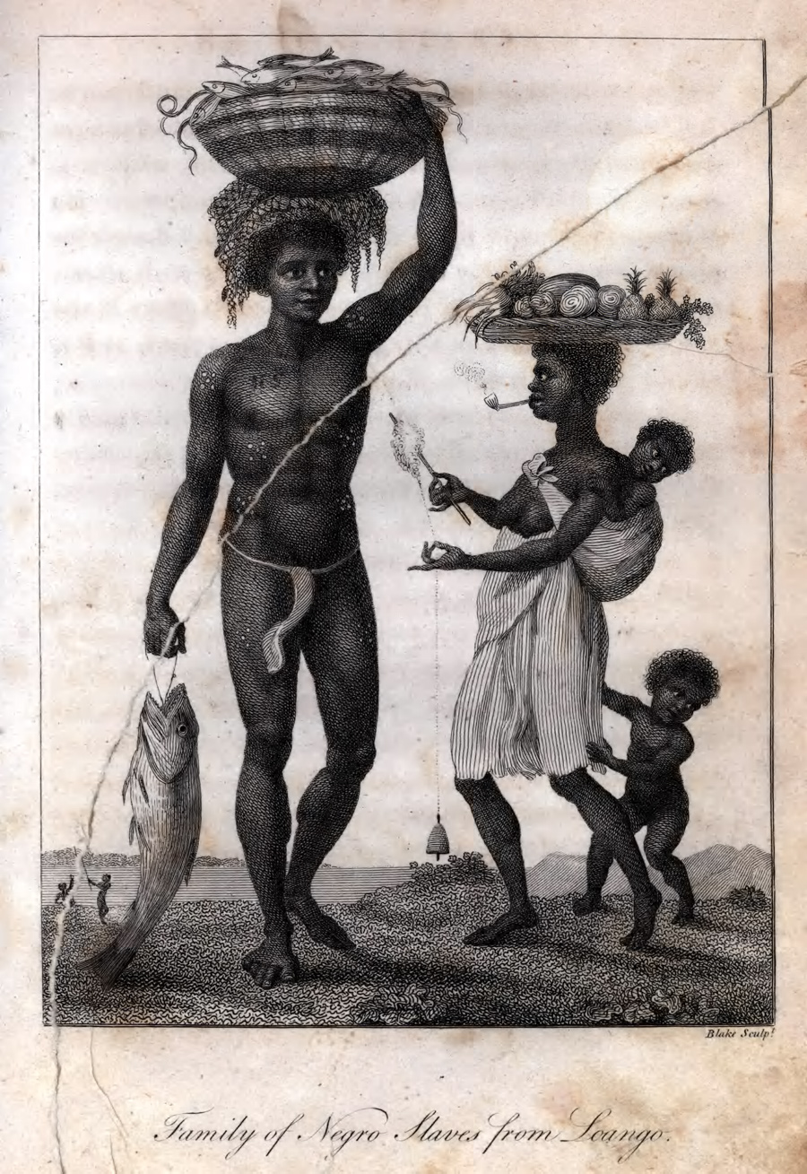 a barely dressed man carrying a basket of fish overhead, with his wife and two children