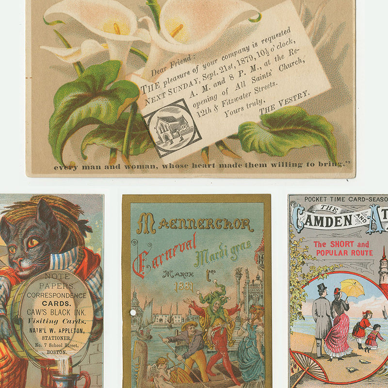 Four color printed cards. First shows flowers and a card. Second shows humanized cat. Third shows a carnival. Fourth shows 19th-century family on beach. 