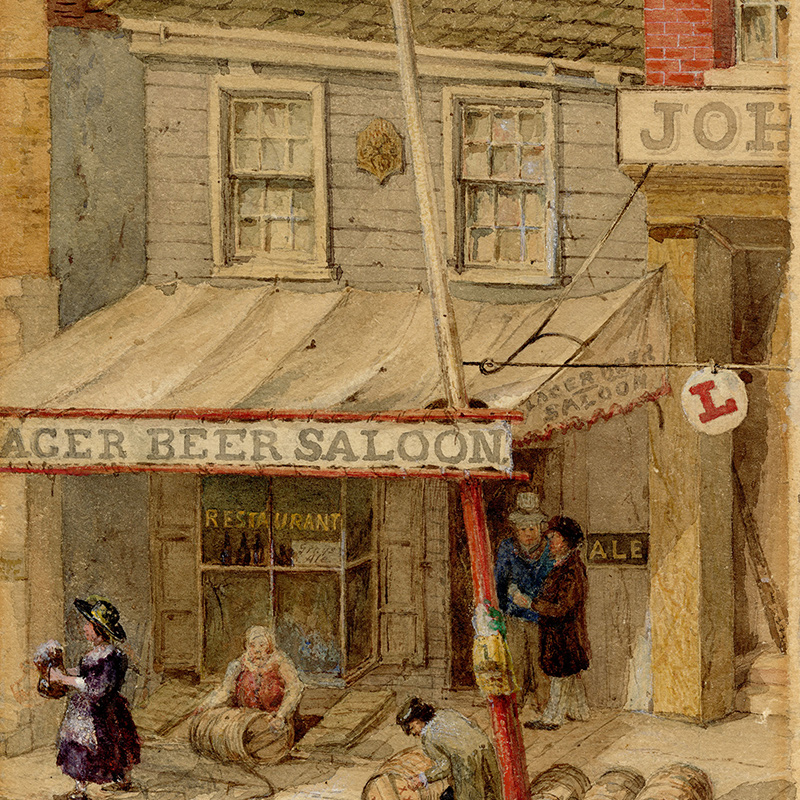 Watercolor depicting two-story building with restaurant advertising ale. Two figures carry wooden barrels while others walk by.