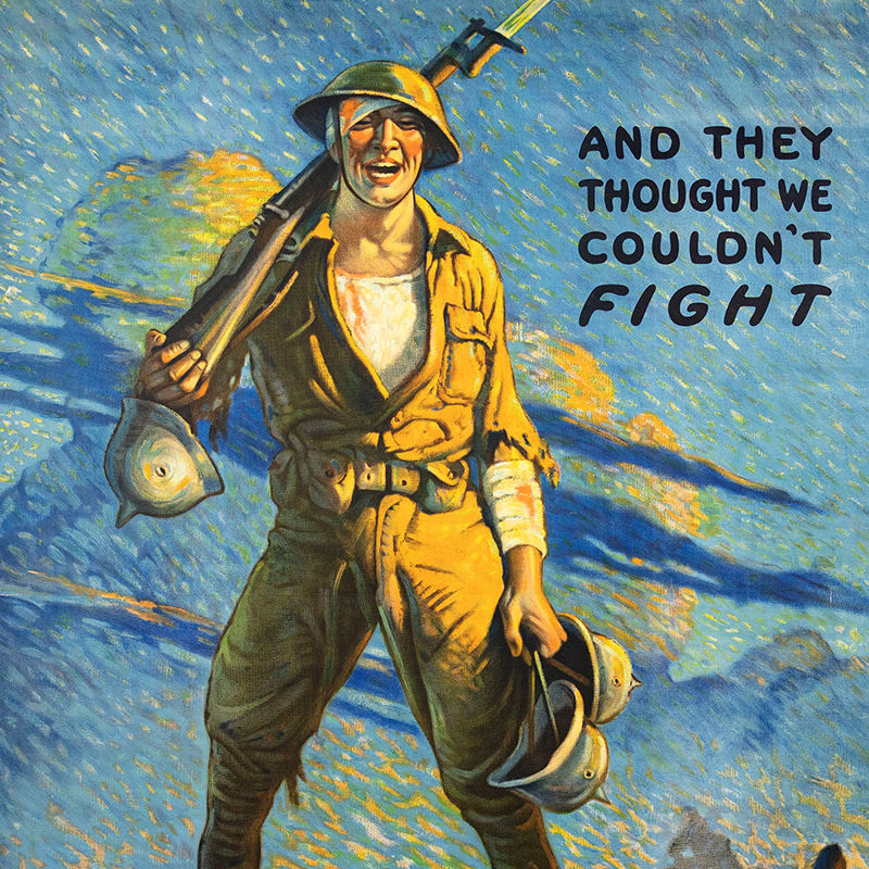 Poster with stylized text and image of smiling, injured WWI soldier wearing torn uniform and carrying three helmets and a rifle.