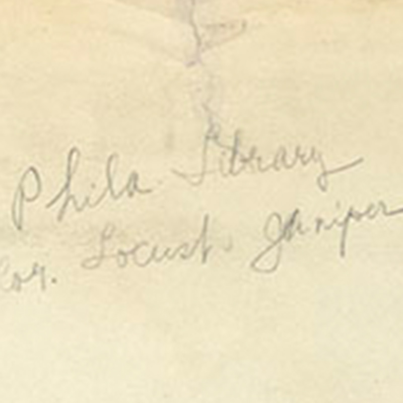 Detail of back of print with text reading Phila Library cor. Locust Juniper Sts. From Mrs. Freeman. South Phila. Woman's Liberty Loan Com.
