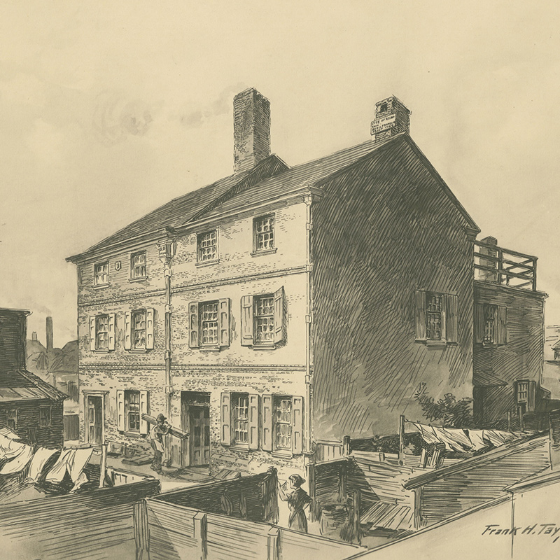Print depicts a brick twin house. In the yard, one figure rests a hand on a fence as another carries lumber. Hanging laundry sways in the wind.