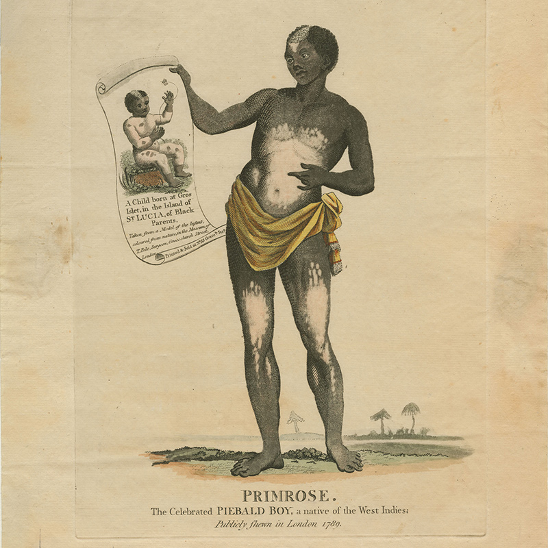 Black man wearing loin cloth stands holding a paper with text and illustration. The man’s skin appears white on parts of his legs, torso and head.