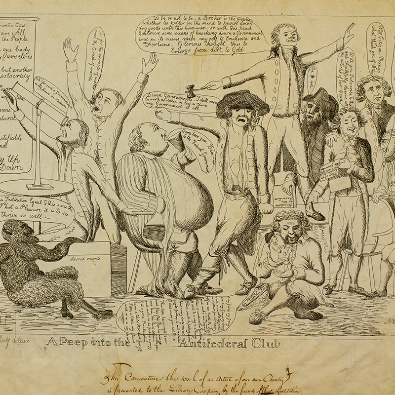 A crowd of men talk and drink, their words appearing in speech bubbles. Most of the men are white, and one man is Black. The devil watches from a corner