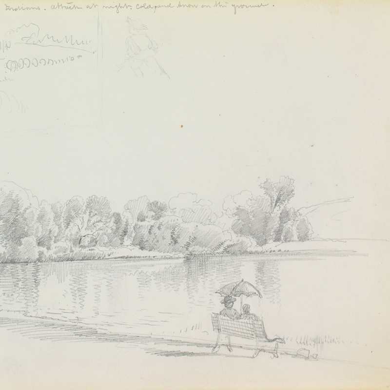 Line of hand-written text accompanies sketch of figures at fort in upper left corner. Another more detailed drawing depicts seated figures near a body of water.