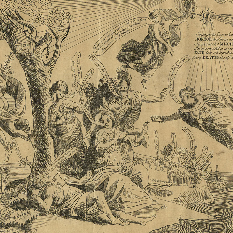 Colonial-era cartoon against the Stamp Act showing male and female allegorical figures in front of a gallows. They stand, float, and lie near a tree, coastline, and a urinating dog.