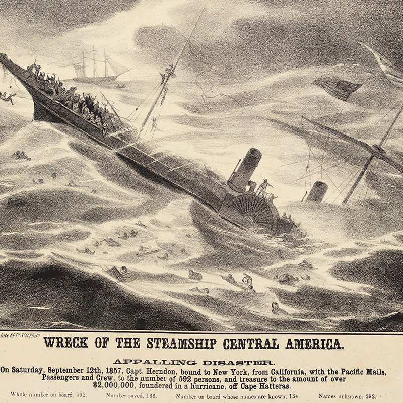 Lithograph depicts a steam ship tipping over in a large wave of ocean water. Human figures fall from the ship and bob in the water. 