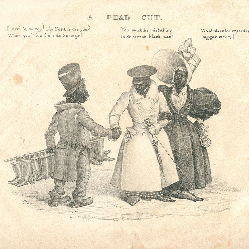 Racist caricature showing a Black man and woman couple in conversation with a Black shoe shiner.
