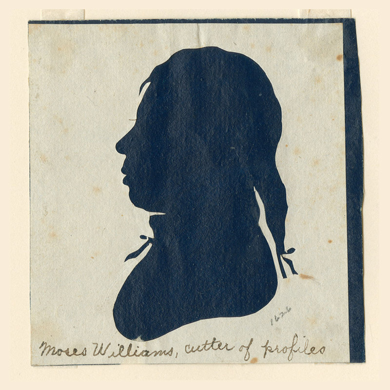 Left, profile cutout silhouette on blue paper. Sitter wears a ponytail