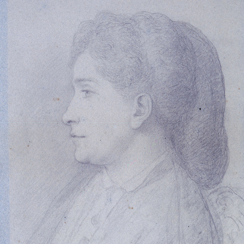 Half-length, left-profile portrait of Brewster with her hair pulled back and under at the nape of her neck.