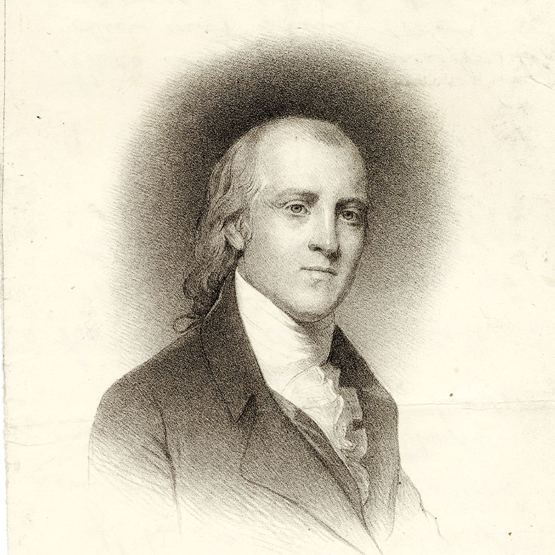 Bust-length portrait of Young, with long, light-colored hair and attired in a white ruffled cravat and dark-colored coat with notched lapels.