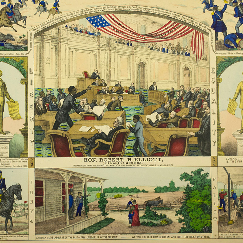 Print with six scenes showing a Civil War battle, Black Congressman Robert Elliott in Congress, a statue of Abraham Lincoln and Charles Sumner, Black soldiers, Black sailors,  and a Black family at their farmstead.