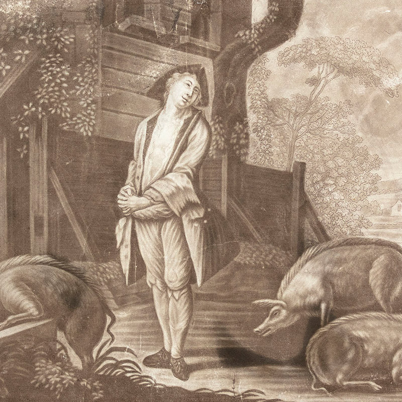 Scene showing a white man attired in a tri-corn hat, open shirt, coat, and britches standing in a pig sty. 