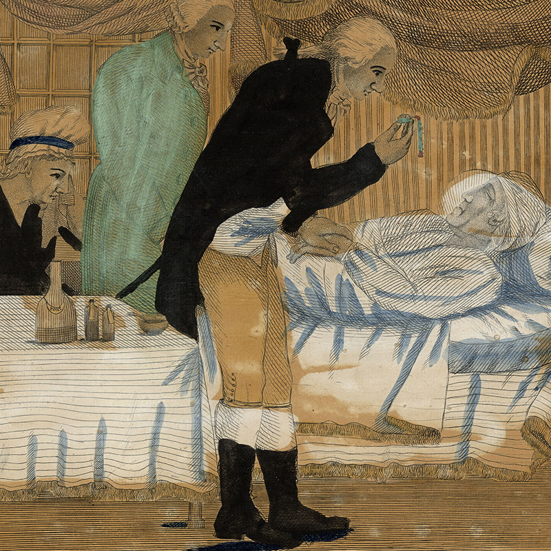 Scene showing Washington lying in a bed and with two white men doctors standing over him. One holds a watch. Martha Washington sits behind them.