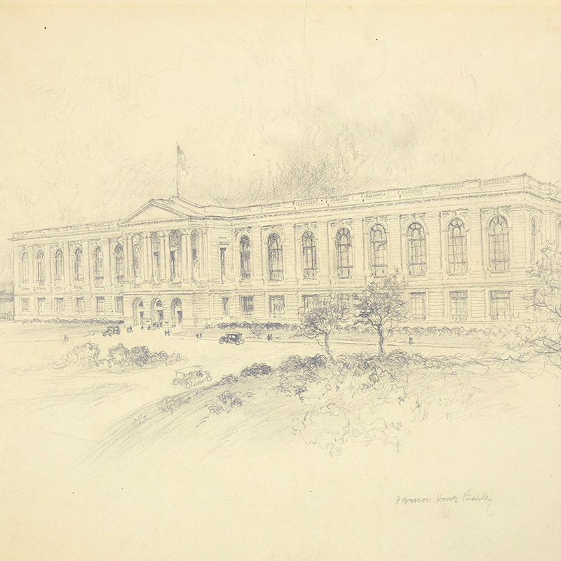 Pencil drawing of exterior view of a large building with Grecian columns. Cars drive in front of building.