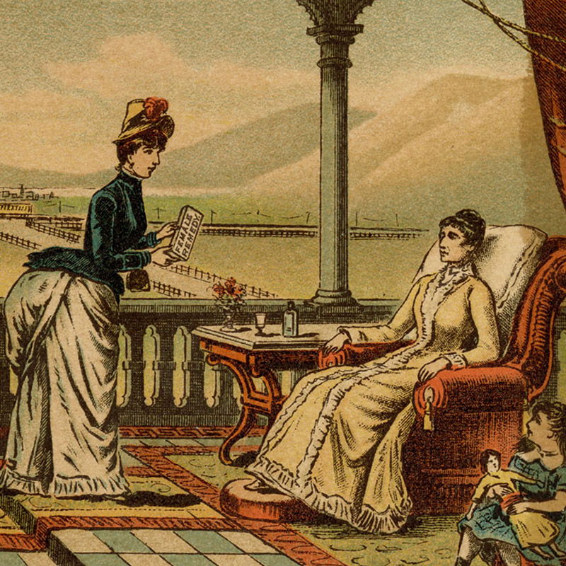 Card showing two women on veranda. One lies in a chaise lounge. A girl sits next to her. People play tennis on lawn in background.