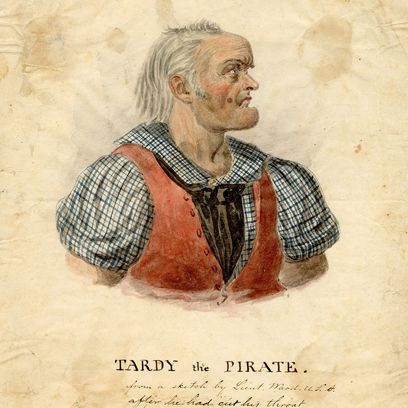 Watercolor drawing showing the right profile of an older white man, with long white hair pulled behind his ear, and attired in a checkered, collared shirt with rolled up sleeves, a black cravat, and red vest.