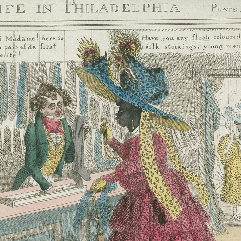 Racist caricature of Black woman buying stockings from a white man clerk behind a counter.