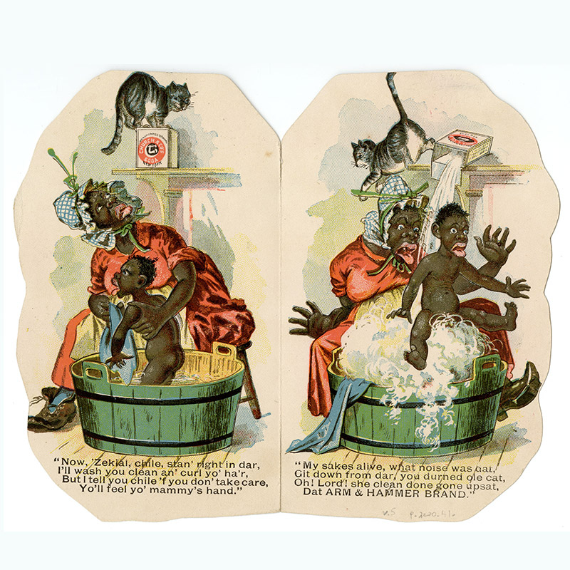 Two advertising cards. One shows racist caricature of Black woman washing a Black child in a bathtub. Other shows a nude white woman partially covered by fence slats.