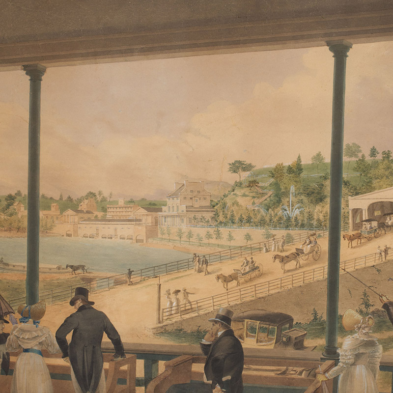 View of white men and women on a veranda. They look out at the covered Upper Ferry Bridge, and nearby mount, engine house, and millrace of the Fairmount Water Works.