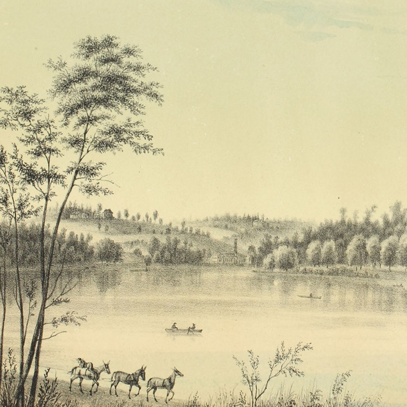 Landscape view depicting mules trotting on the banks of the Schuylkill River near a barge in the water. The Belmont mansion house stands on a hill in the background.