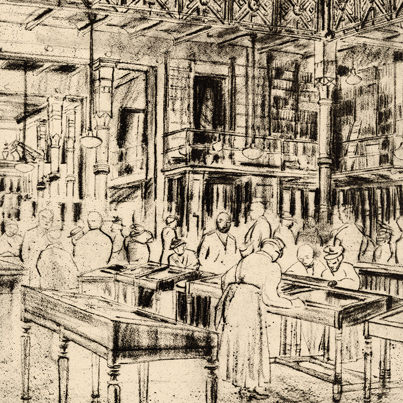 Drawing showing men and women looking at display cases below an upper balcony lined with book cases inside the Library Company building.