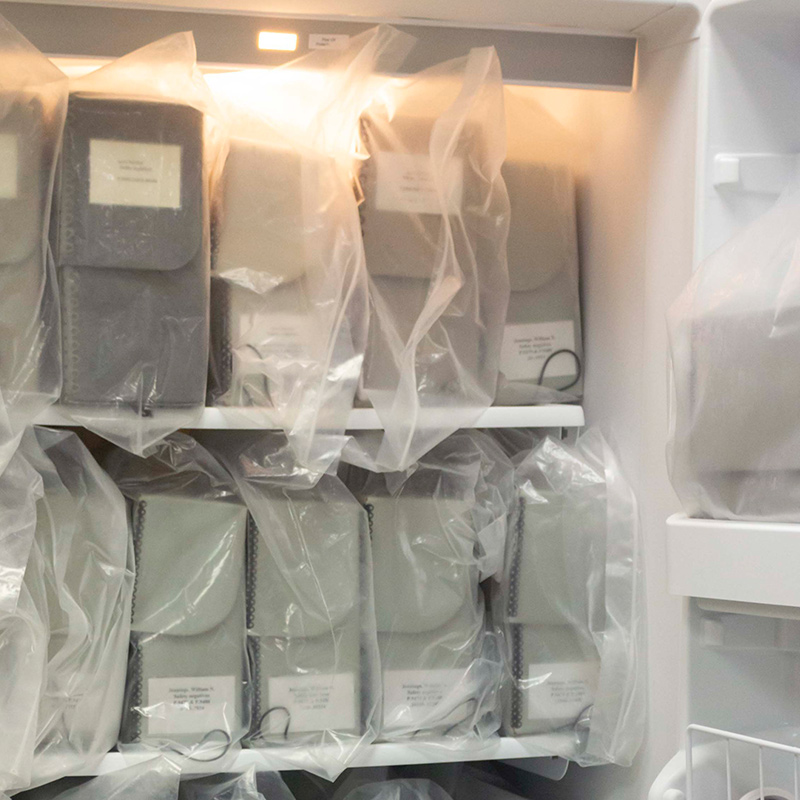 View of open freezer filled with rectangular boxes in plastic bags.