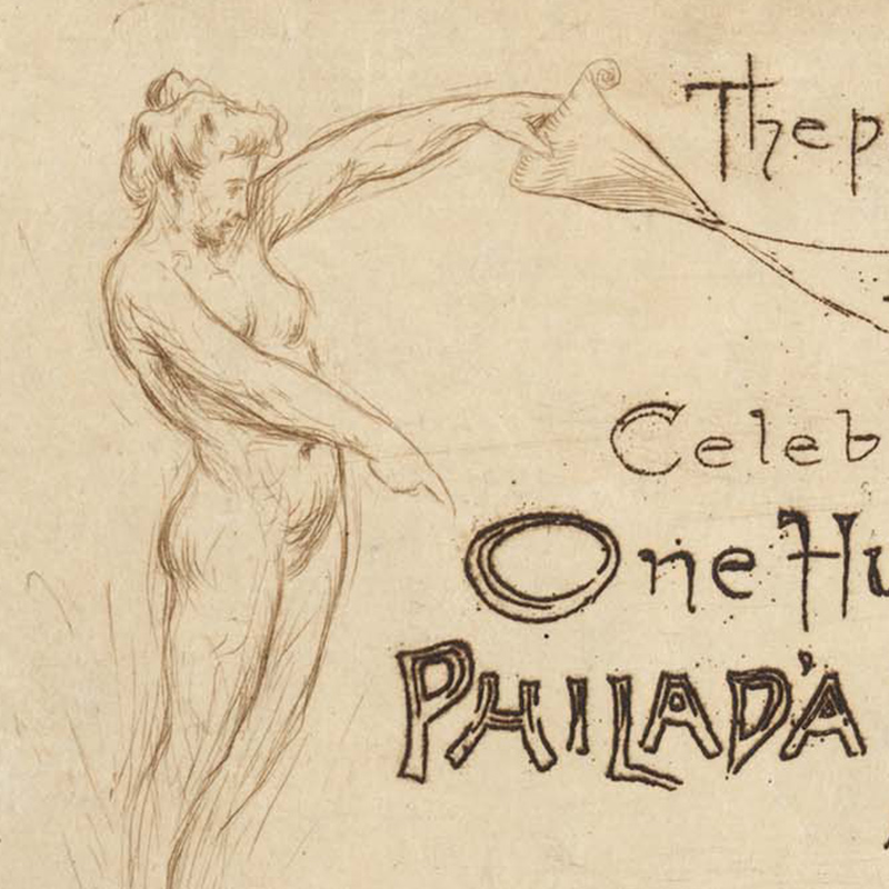 Etched invitation with detail of a nude woman rising from an ink well.