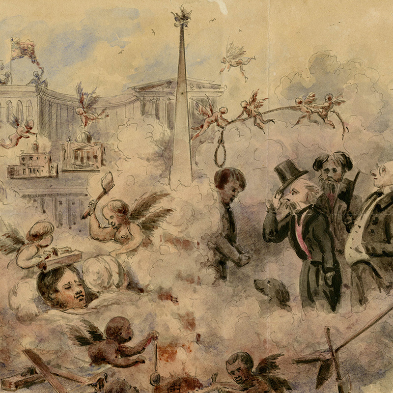 Drawing of white men in suits tipping hat to man under noose, near cherubs making something smoke and knocking man on head with a block in front of a Federal-style building.  