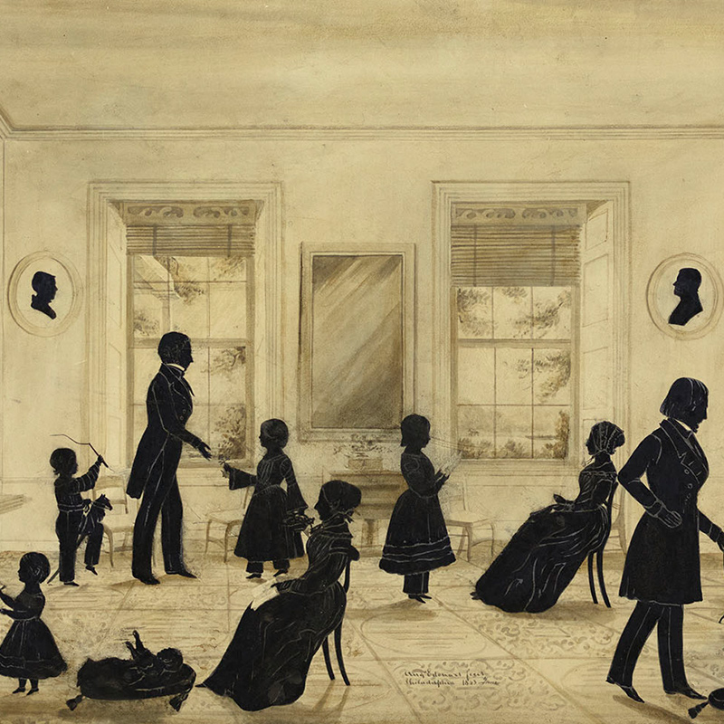 Photographic reproduction of family group of drawn full-length silhouettes of men, women, children and babies in a three-window room of a house. Figures sit, stand, and some children play with a hobby horse and doll or lie on pillows on floor. 