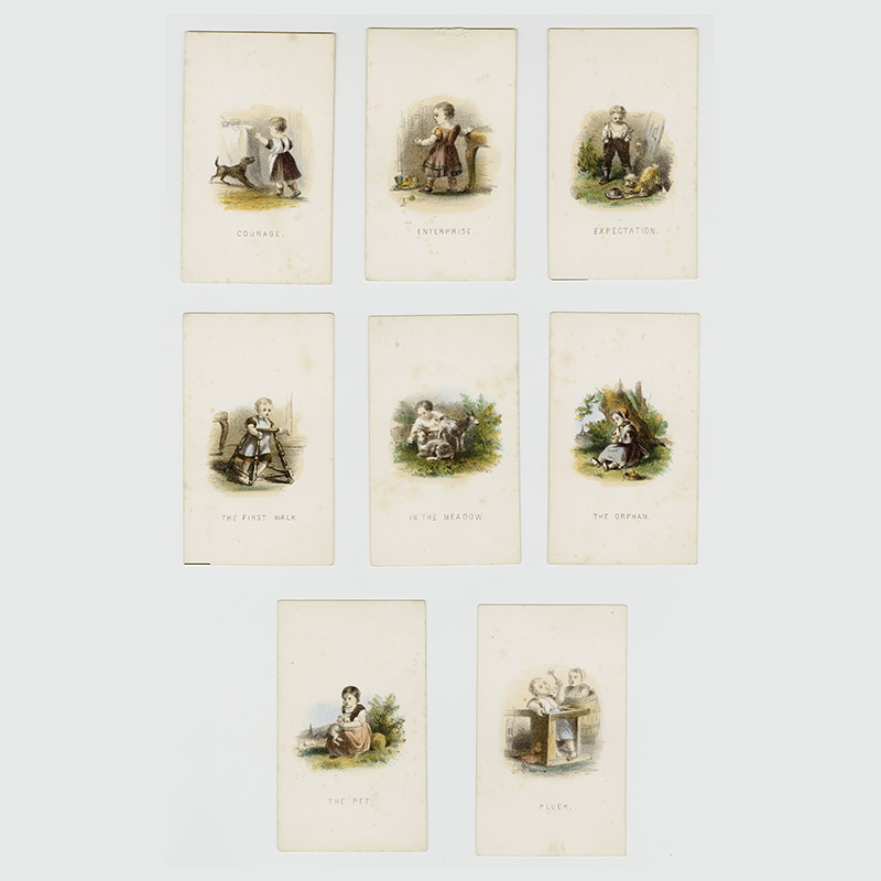Series of cards depicting scenes of children with animals, toddling, in a walker, and at play in a barrel and overturned chair.