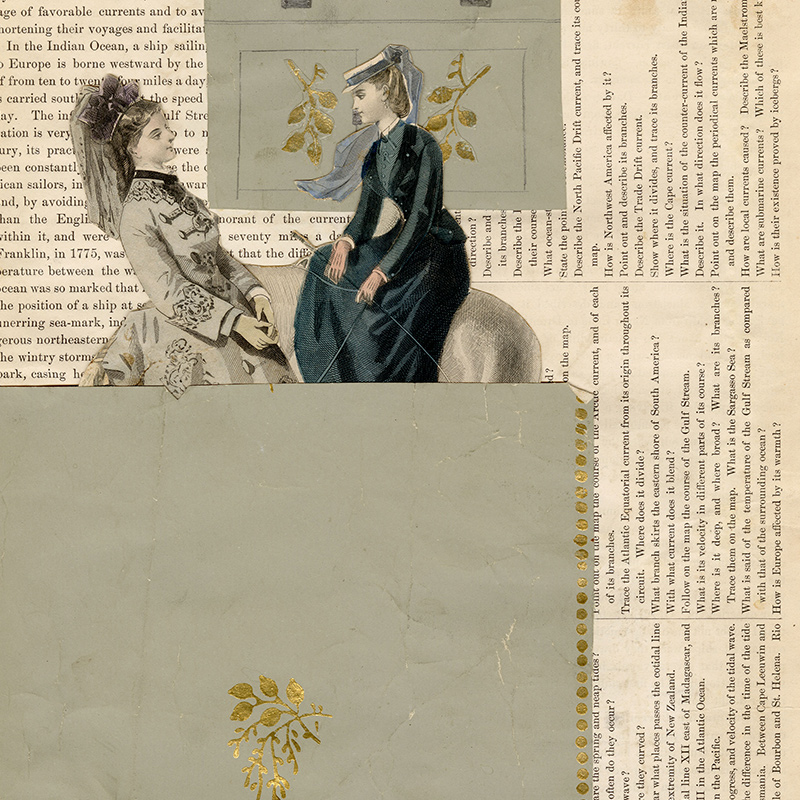 Face to face pages containing paper dolls inserted into paper gilt stamped pouches pasted on the pages and designed as cabinets and sets of drawers. 