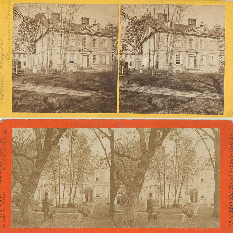 Double-sided photograph of exterior view of the stone Chew Mansion house with a Black man standing next to a tree in front of it.