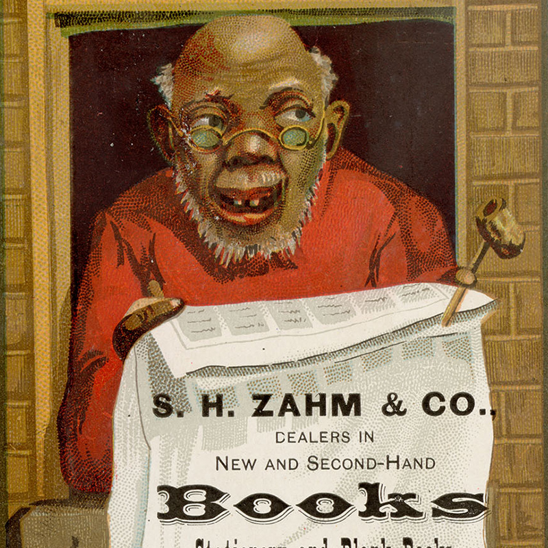 Racist card advertisement with caricature of older, balding Black man, in a red shirt and standing at and holding a newspaper out a window.