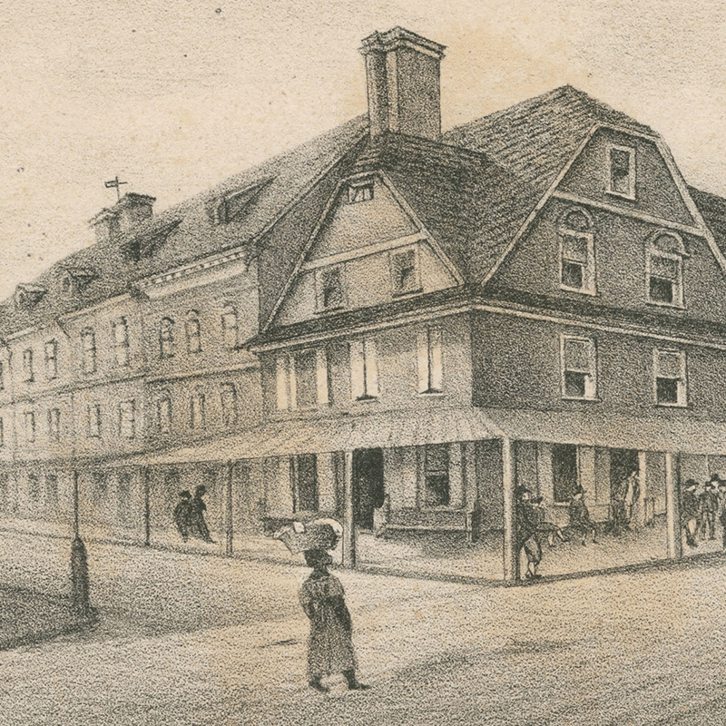 Exterior scene of enslaved persons on display on a platform on barrels in front of the three and half story London Coffee House corner building. A Black woman walks nearby. 