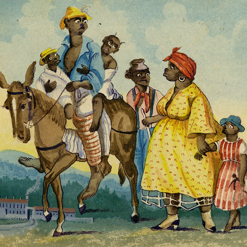Scene showing a Black family of ten men, women, and children traveling by horse back and on foot past a building in the distance.