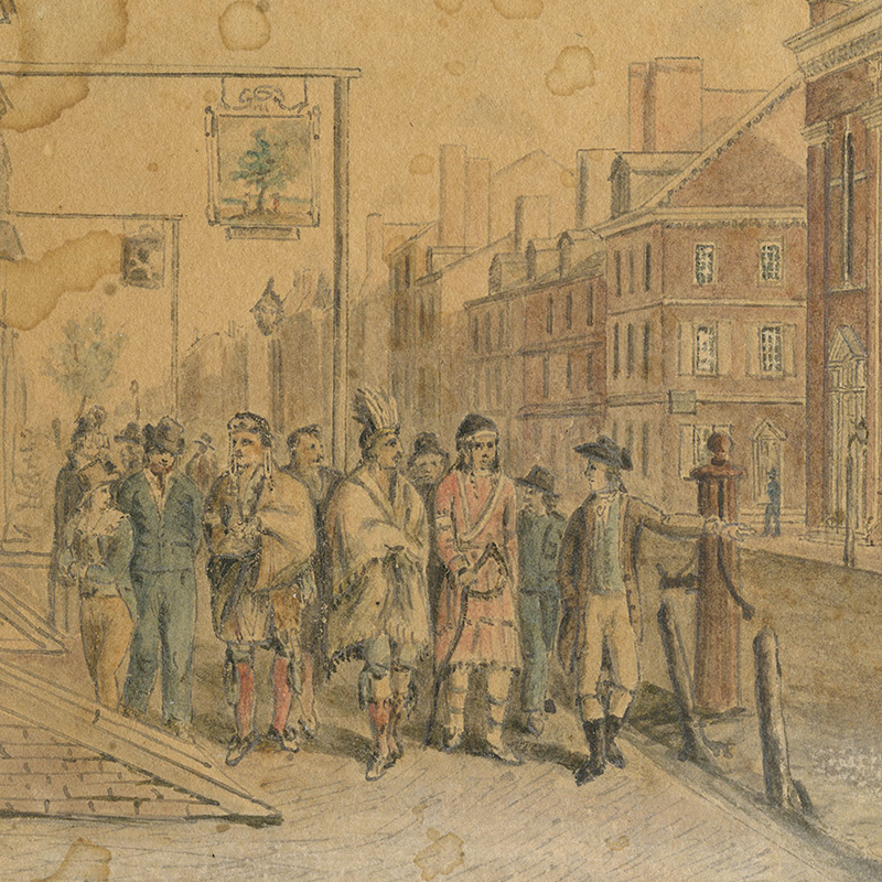 View depicting a white man leading a delegation of Native American men under a shop sign across from a church on a city street. White men and a boy accompany them.